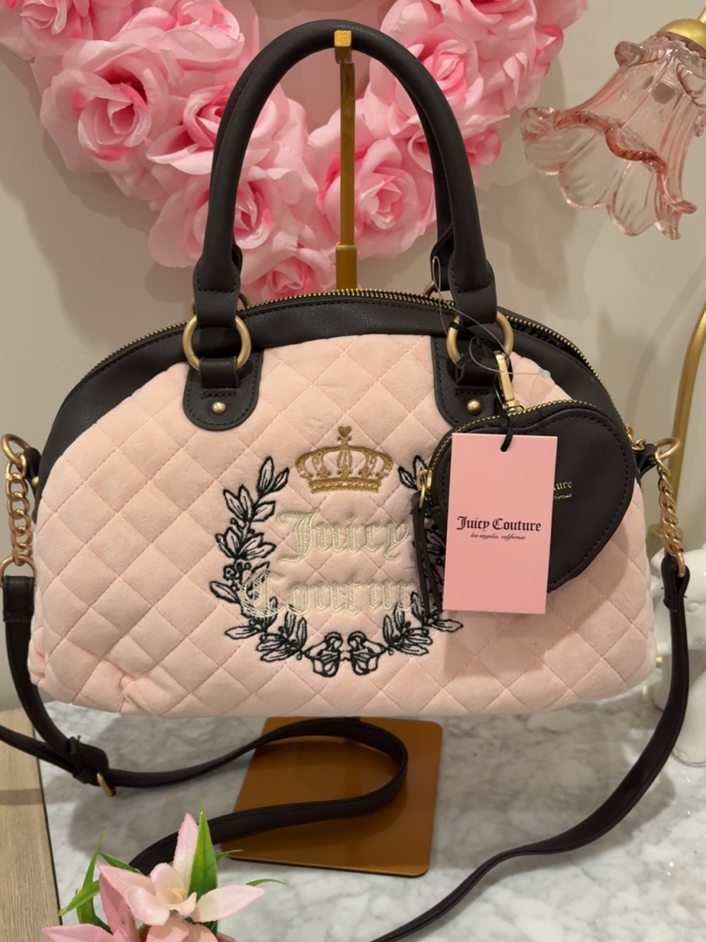 Juicy Couture Light Pink Quilted Satchel with Dark Trim & Heart Charm